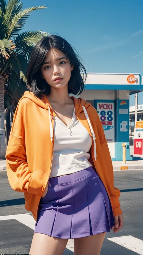 portrait of a 23 yo girl, (perfect natural breast) ,wear (((color orange oversized hoodie))), wear ((purple tennis skirt)),looking front,Best Quality,Masterpiece,Ultra High Resolution,(Realisticity:1.4),Original Photo, 1Girl, light leak,ultra high resoluti...