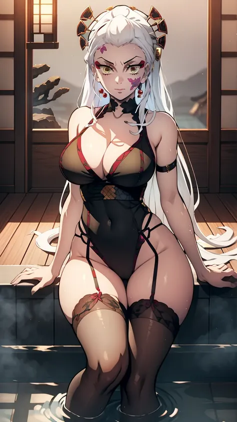 One Demon Girl, looks at the camera, Portrait of a girl, Beautiful waist, night, ancient japan, very sexy, In the bath, grin, fangs,  mouth open, fangs, smile, White hair, erotica, very sexy, beautiful body is completely visible, masterpiece, Best quality,...