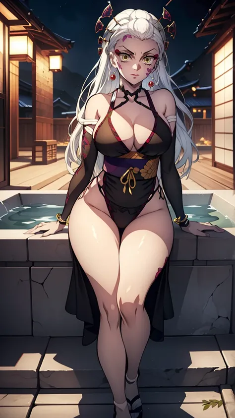 One Demon Girl, looks at the camera, Portrait of a girl, Beautiful waist, night, ancient japan, very sexy, In the bath, grin, fangs,  mouth open, fangs, smile, White hair, erotica, very sexy, beautiful body is completely visible, masterpiece, Best quality,...