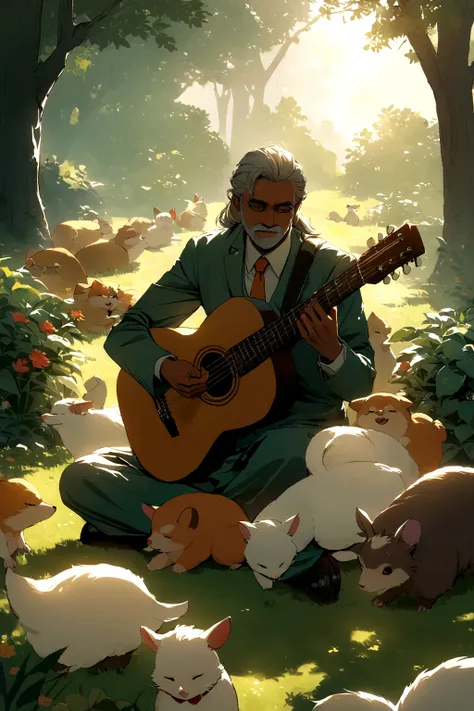 Prime minister of Indian sree Narendra damodar dash modi playing guitar in garden,and sone animals 