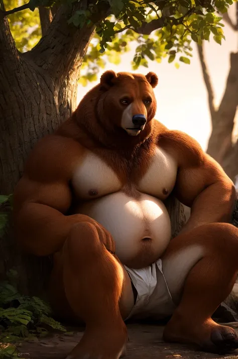 a massive, fluffy male brown bear, extremely large and round, plush belly with 3 bear cubs inside, shirtless sitting in a tree hollow, belly wrapped with a bandage, protruding navel, 2 meter wide belly, realistic, highly detailed, 4k, realistic lighting, p...