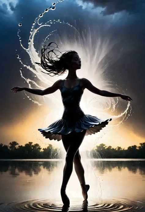 rainstorm，Rain splash，Huge waterspout，Girl shows black silhouette,Contrast with bright background,ballet silhouette,High contrast,Silhouette ballerina on the lake,lotus, lily pad，Shooting against the light，