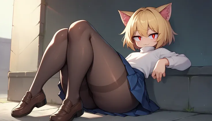 score_9, score_8_up, score_7_up, score_6_up, score_5_up, score_4_up, BREAK, 1boy, solo, necoarc, lit pupils, cat ears, blonde hair, red eyes, :3, turtleneck, blue skirt, pleated skirt, pantyhose, brown footwear, highlight thighs, thick thighs, seductive po...