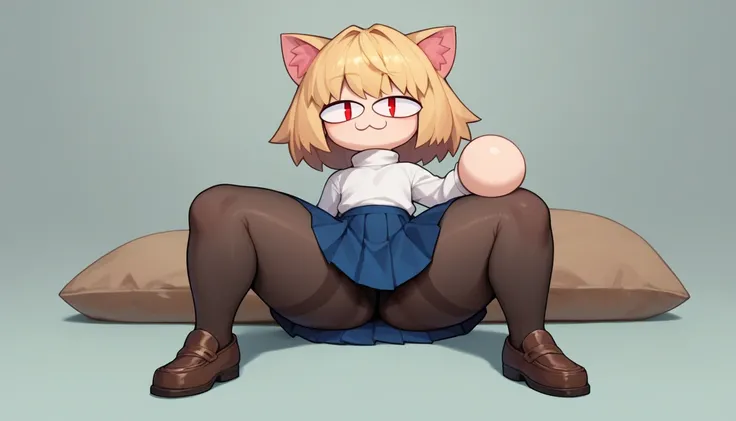 score_9, score_8_up, score_7_up, score_6_up, score_5_up, score_4_up, BREAK, 1boy, solo, necoarc, lit pupils, cat ears, blonde hair, red eyes, :3, turtleneck, blue skirt, pleated skirt, pantyhose, brown footwear, highlight thighs, thick thighs, seductive po...