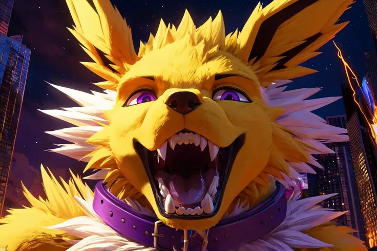 Macro Male Jolteon (pokemon), smug expression, big teeth, high contrast, 8k HD, detailed, hyper-detailed, vore, primary fur yellow, secondary fur white, purple eyes, purple collar, best quality, ultra high res