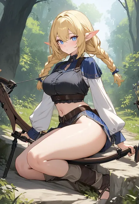 (work of art)(best qualityer)1 female character, has blonde hair, has blue eyes, has elf ears, has a hairstyle with two braids, wear a top, (Detailed abdomen)(Athletic body) has wide hips, use a crossbow, Standing legs wide open in a medieval forest(pose s...