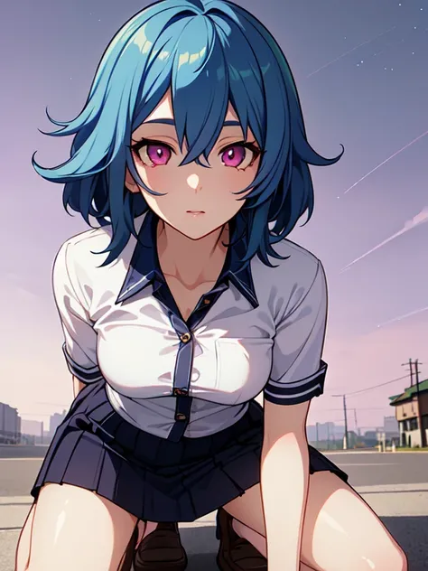 (detailed beautiful eyes and detailed face, masterpiece side light, masterpiece, Best quality, detailed, high resolution illustration), (1 girl, Beautiful girl, shiny skin), (sky blue hair, pink eyes, skirt, tape, button up shirt)(kneeling on the ground)