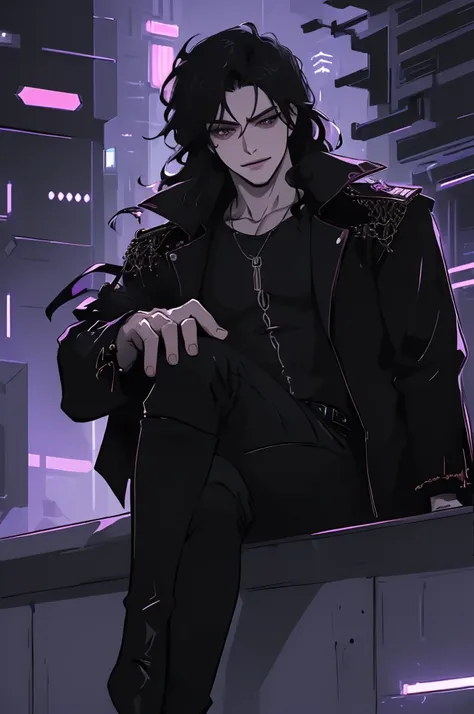 anime man in the night city, attractive man with сиреневые глаза while squinting, black hair, black loose shirt, military boots,...