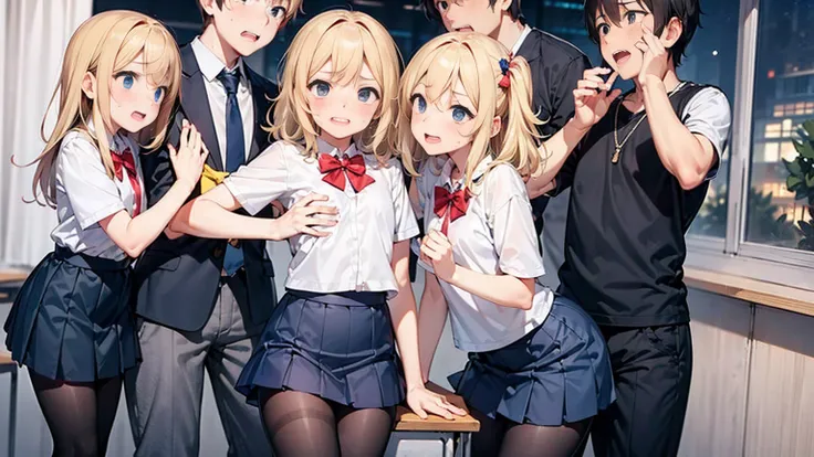 Highest quality,Highest quality,One Girl,Several boys,((((10 years old)))),  Surrounded by boys,Flat Chest,orgasm,blush, Sweat, Sakurai Momoka,blonde,White Sarah Outfit,Navy Blue Skirt, Not a long pleated skirt,whole body,night classroom, Grey pantyhose、Na...