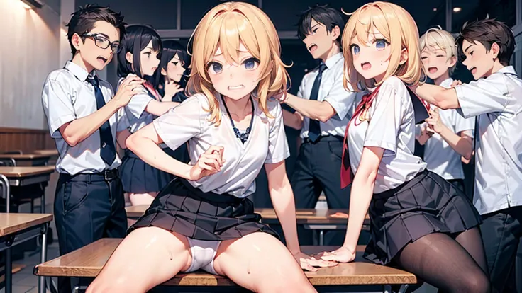 Highest quality,Highest quality,One Girl,Several boys,((((10 years old)))),  Surrounded by boys,Flat Chest,orgasm,blush, Sweat, Sakurai Momoka,blonde,White Sarah Outfit,Navy Blue Skirt, Not a long pleated skirt,whole body,night classroom, Grey pantyhose、Na...