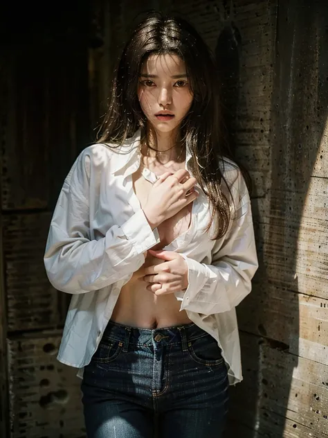 ((Highest quality, 8K, masterpiece :1.3)), Sharp focus :1.2, Beautiful woman with perfect figure :1.4, 1 Girl,Slim Abs :1.2, ((Dark brown hair,chest :1.2)), (White long formal shirt)(Unbutton your shirt.), Gray background:1.2, Highly detailed face and skin...