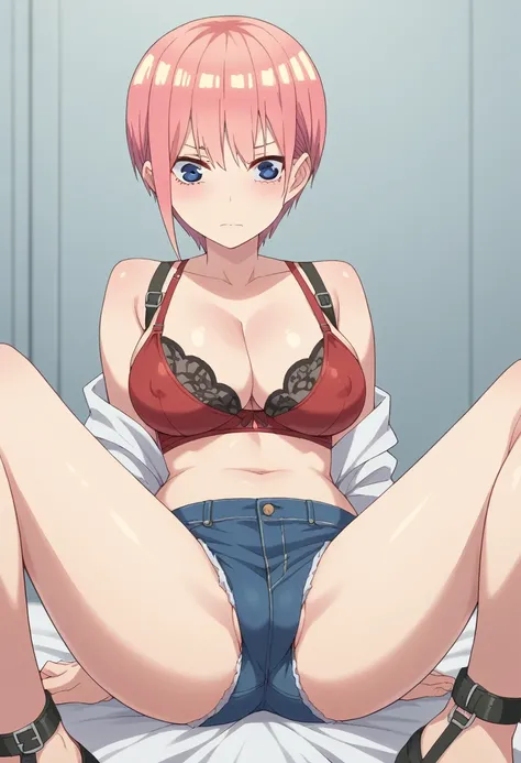 Nakano Ichika, Super Short Hair, bangs, blue eyes, Hair between the eyes, Pink Hair,　, Big Breasts, Mini short jeans skirt, grey seamless cami top with shoulder straps, size small, Medium breasts, Erect nipples, exposed belly bottom, Scrawny:1.7, cleavage,...