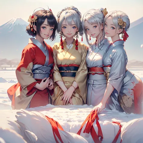 Three Japanese high-school cute girls, ((looking straight:1.7)), 



((Kimono with strikingly beautiful colorful colors, red, silver, gold:1.7)),

((white short scarf:1.2)), ((white feather shawl:1.2)), 



((gently smiling:1.7)), 

((upper arms hidden by ...