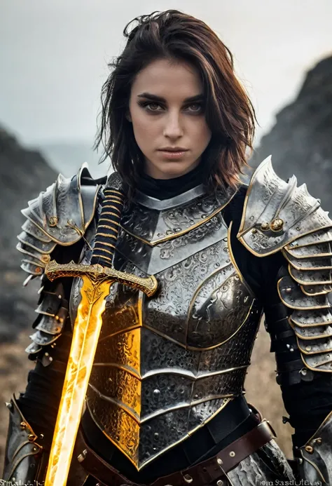 beautiful girl in heavy armor, Beautiful face, Holds a great sword, in battle, dragon knight, black armor with gold,burning eyes