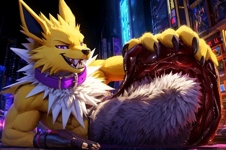 Macro Male Jolteon (pokemon), smug expression, big teeth, high contrast, 8k HD, detailed, hyper-detailed, vore, primary fur yellow, secondary fur white, purple eyes, purple collar, best quality, ultra high res