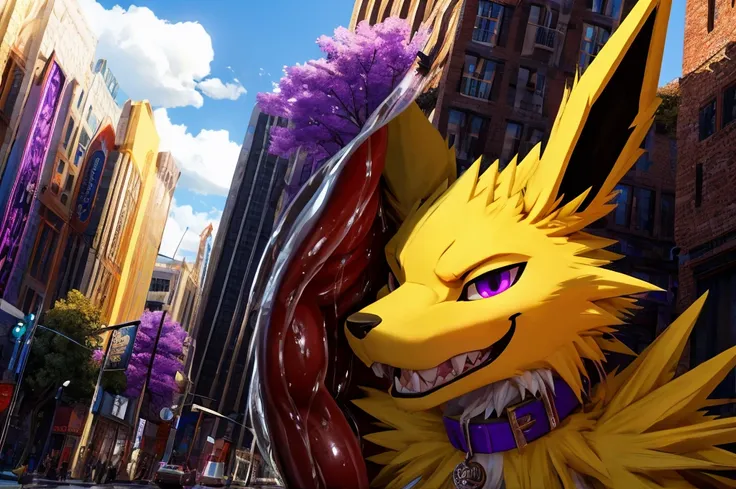 Macro Male Jolteon (pokemon), smug expression, big teeth, high contrast, 8k HD, detailed, hyper-detailed, vore, primary fur yellow, secondary fur white, purple eyes, purple collar, best quality, ultra high res