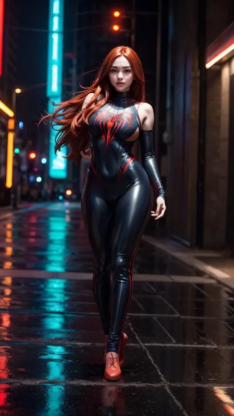 (masterpiece), (best quality), (ultra detailed), (epic lights reflections), glowing, luminous neon lights, 1girl, red eyes, red hair, full makeups, red lips, fit body hair blown by strong winds, (Spiderman cosplay), very tight body shape suit, ultra bodysu...