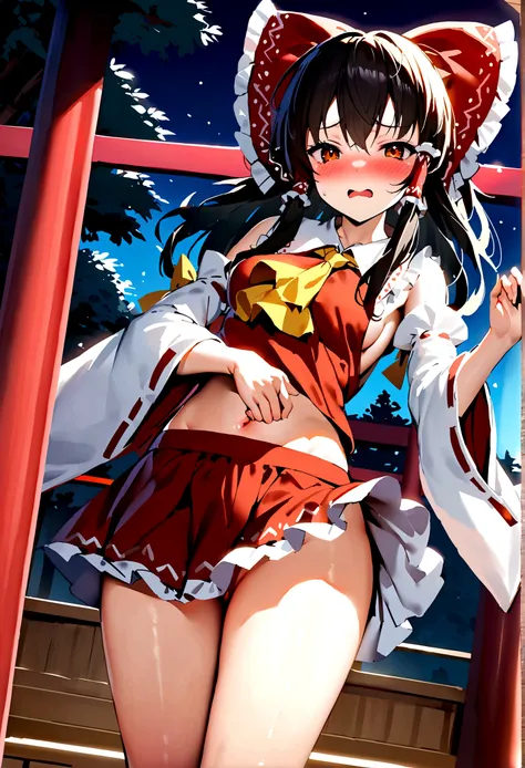 NSFW,masterpiece,Highest quality,High resolution,Super detailed,Reimu Hakurei(Oriental Project),Hakurei Reimu,Embarrassed,Frustrated face,Lust,blush,Expecting face,Seduce,Shrine at night,whole body,prostitution,Prostitute