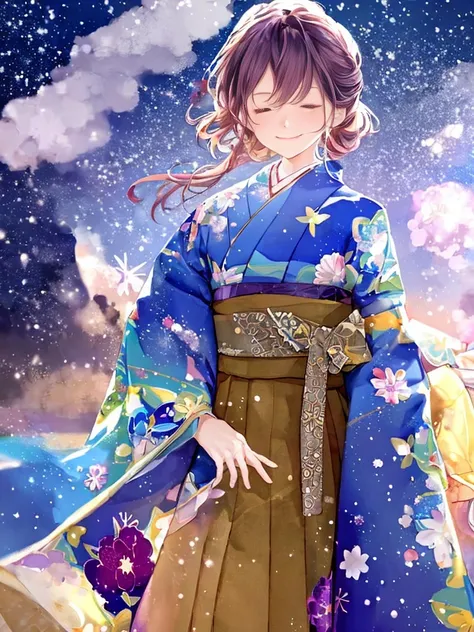 watercolor paiting、Pale shades、Beautiful colors、parfect anatomy、Kimono、Girl in Japanese Clothes、cowboy  shot、Girl Closing Her Eyes、Cute  s、Snowy night、Beautiful starry sky,(masterpiece, best quality:1.2), cute,(Woman of) unsurpassed beautyglitter backgroun...