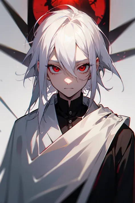 Boy with white hair combed to the side with red eyes