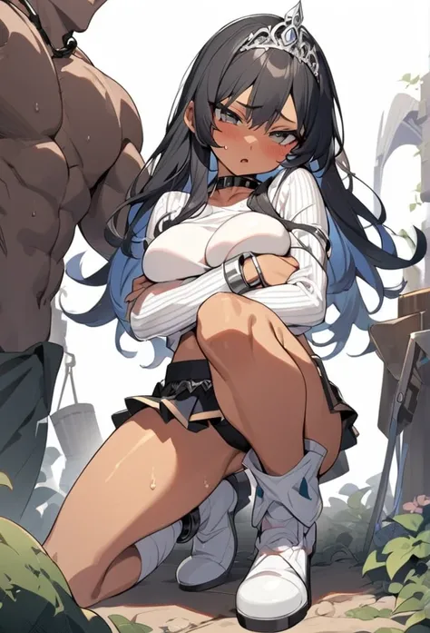 (anime style),masterpiece, best quality, extremely detailed,10Years old,tanned skin,dark skin, Beautiful body,Large breasts,BREAK,multicolored colorful black hair,shaggy hair,long hair,long ponytails hair,BREAK,black eyes,black choker,dignified face,disgus...