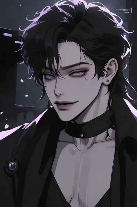 anime man in the night city, attractive man with сиреневые глаза while squinting, black hair, black loose shirt, (((no decoratio...