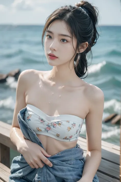 "(((best quality))), (((ultra detailed))), (((masterpiece))), illustration,((1 beautiful young girl,solo)),((slim,thin)),(strapless vibrant floral bra:1.3),((small breasts,flat chest)),(short ponytail:1.2),((shiny skin,sweat,wet)),seaside, summer, joyful, ...