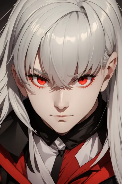 White haired man with red eyes and hairstyle to one side