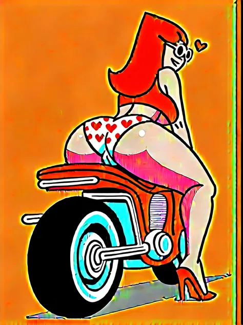 Candace, red tank top, skirtless, riding a motorcycle, white panties with red hearts, heart print panties, legs, barefoot, sunglasses, rear view, extra massive butt, cameltoe, extra large breasts, underboobs, open-toed stiletto high heels