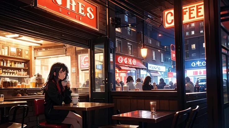 A small cafe is open for business, with lights shining from its red brick exterior. Theres a neon sign advertising "Coffee" in red and blue lit letters. Inside, the cafe features a counter with three red stools and a girl sitting in front of it, and a larg...