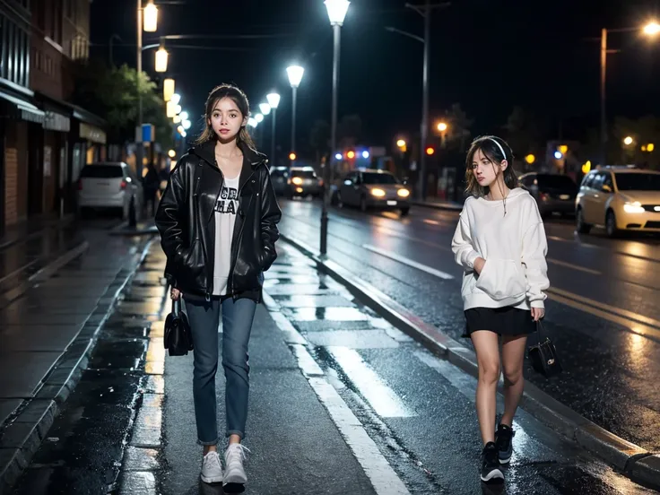 A girl，night，Walking in the street，Street Lights，light rain，Wearing headphones