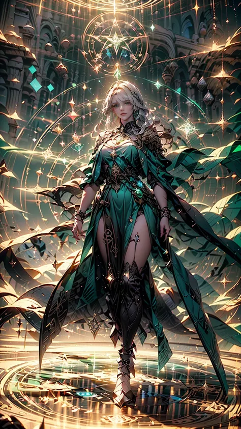 from below, close up, ((1 woman, ella es una domination en la jerarquía de los ángeles, alone, translucent white hair, extremely long and shiny hair, green halo, thick lips, emerald green eyes, domination, ethereal beauty.)) emerald green armor ((He has a ...