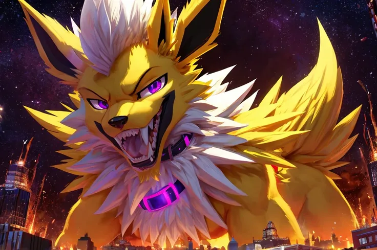 Macro Male Jolteon (pokemon) twink,  smug expression, big teeth, high contrast, 8k HD, detailed, hyper-detailed, furry vore, primary fur yellow, secondary fur white, White mohawk, purple eyes, purple collar, best quality, ultra high res