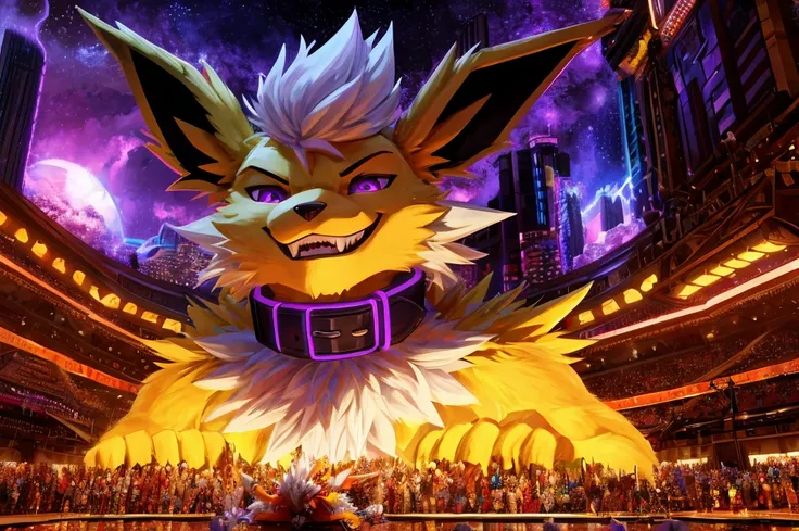 Macro Male Jolteon (pokemon) twink,  smug expression, big teeth, high contrast, 8k HD, detailed, hyper-detailed, furry vore, primary fur yellow, secondary fur white, White mohawk, purple eyes, purple collar, best quality, ultra high res