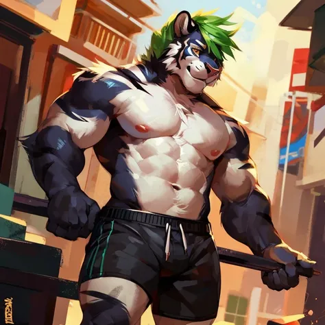 Medium muscular, black tiger, shirtless, in black shorts, Amber eyes, bluish-green hair, bluish-black fur, cream-white fur, By mystikfox61