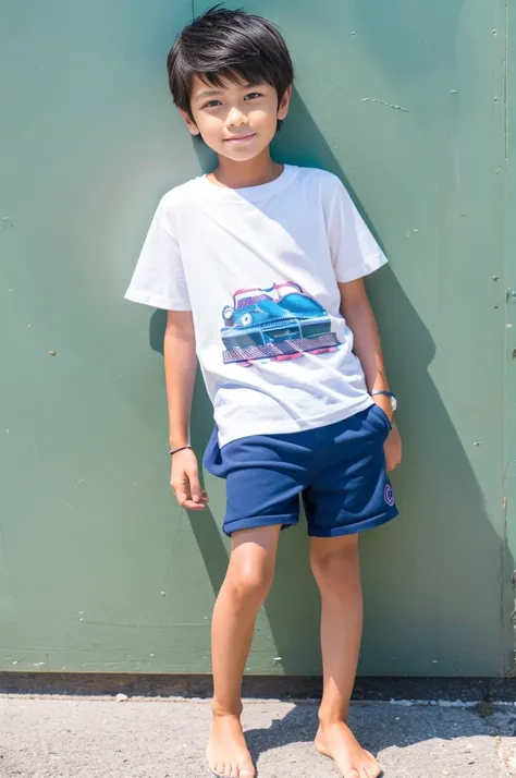 A tanned 11-year-old Japanese boy modeling for a full-body photoshoot in shorts during summer vacation