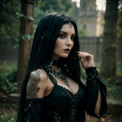 1 woman, European face, European eyes, pretty face, 30 years old, age 30, black long hair, black, green eyes, gothic style, wearing a long black dress, ultra detailed face, hyperrealistic, realistic representation, full body view, gothic style, dancing at ...