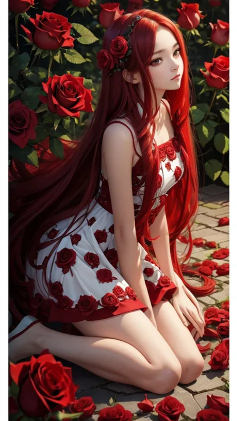 best quality,masterpiece,Ultra-high resolution,(photoactual:1.4),Roses every day（background）,14-year-old oriental rose flower demon girl,long red hair,cute eyes,The birth of a beautiful girl,Beautiful red rose dress（Gödelian）,Kneeling among roses,