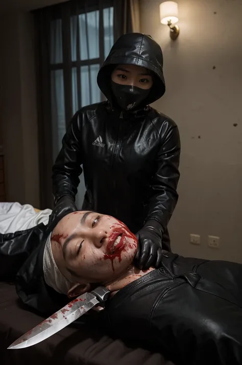 korean girl, (behind corpse, blood splatter), surgical mask, holding knife, stabbing, black raincoat, leather gloves, black wet suit, trucker hat, room full of blood, short hair, holding knife, leather gloves, behind corpse, night, mass murderer, robbery, ...