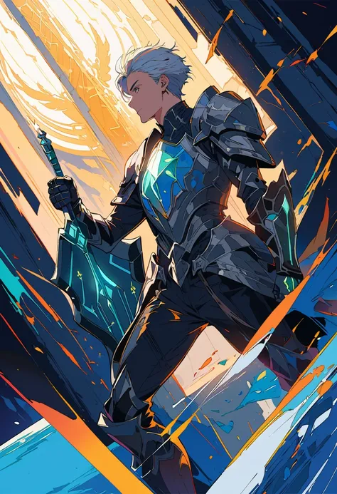 (a teenager male knight in cracked sliver armor), handsome, ((he raise a sword that gleaming with shine)), a shield on his hand,a giant fantasy gate church behind him, light from the sky, BREAK silver hair, black hair, gradient hair, full body,chiaroscuro,...