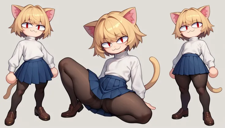 score_9, score_8_up, score_7_up, score_6_up, score_5_up, score_4_up, BREAK, 1boy, solo, necoarc, lit pupils, cat ears, blonde hair, red eyes, :3, turtleneck, blue skirt, pleated skirt, pantyhose, brown footwear, highlight thighs, thick thighs, seductive po...