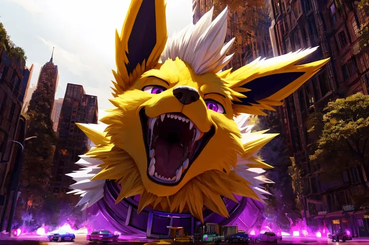 Macro Male Jolteon (pokemon),  smug expression, big teeth, high contrast, 8k HD, detailed, hyper-detailed, furry vore, primary fur yellow, secondary fur white, White mohawk, purple eyes, purple collar, best quality, ultra high res