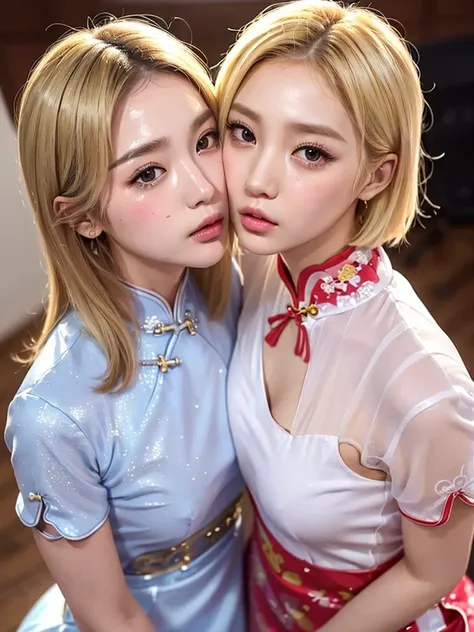 ((blank background)),(((Two girls in cheongsam))),(One is a 22-year-old Korean KPOP idol，blonde short hair.),(One is an 18-year-old Japanese long-haired gravure idol，plump figure.),(Face stained:1.3),Back hug,cheeks and cheeks,((They all look at the audien...