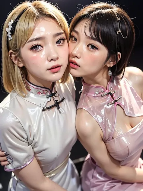 ((blank background)),(((Two girls in cheongsam))),(One is a 22-year-old Korean KPOP idol，blonde short hair.),(One is an 18-year-old Japanese long-haired gravure idol，plump figure.),(Face stained:1.3),Back hug,cheeks and cheeks,((They all look at the audien...