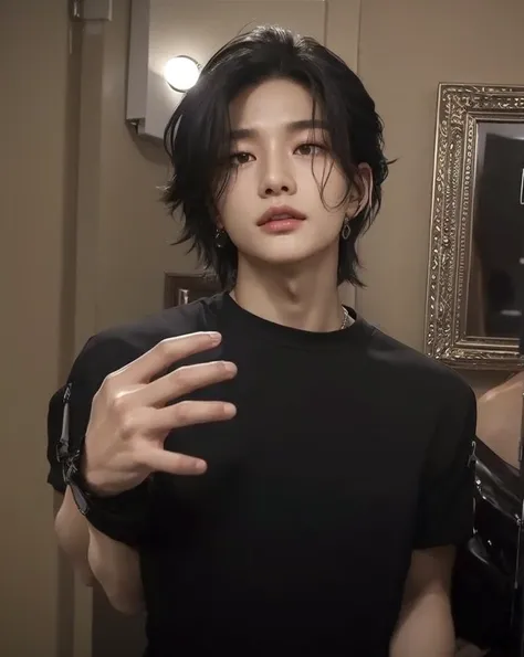 hyunjin hwang black wavy hair, highlighted cheekbones, slightly thick lips, slanted gray eyes.