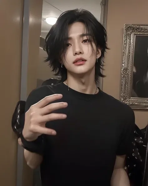 hyunjin hwang black wavy hair, highlighted cheekbones, slightly thick lips, slanted gray eyes.