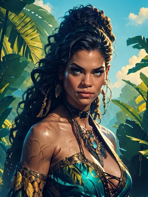 a female tarzan based on zendaya, highly detailed cinematic fantasy portrait, black outlining, full color illustration, in the s...