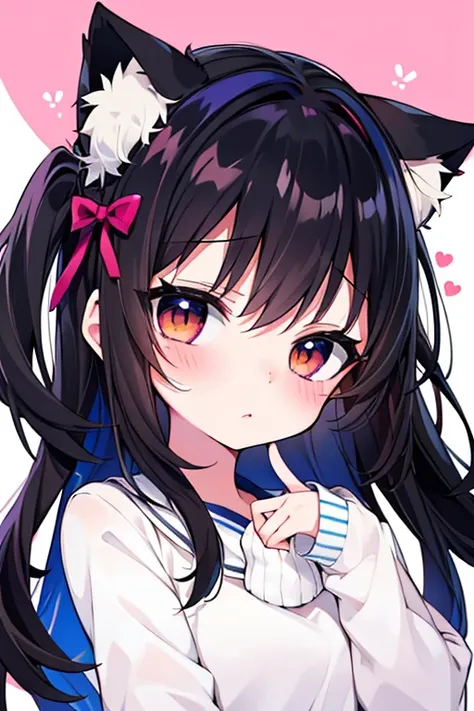 Embarrassed face,blush,One girl,前hair,Tilt your head,From above,whole body,black_hair,Cat ear（white）,Cat&#39;s Tail（white）,Frilled Chalk,Long skirt_dress,（Small Tits）,pink_eye,My Room,Heart Background ,sweets