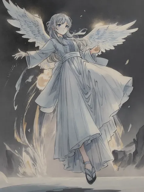 Masterpiece, Highest quality, Low Contrast((must))A Russian girl in her early 20s with ash grey hair, Head to toe full body, wearing, falling angel with a gorgeous costume, The face is dense((must)), light blue tone