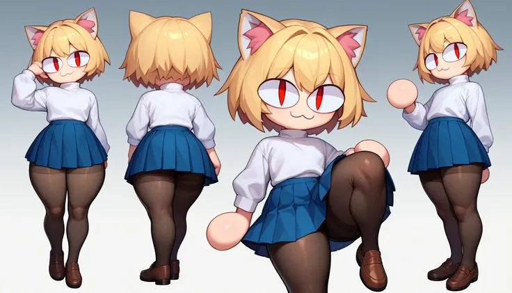 score_9, score_8_up, score_7_up, score_6_up, score_5_up, score_4_up, BREAK, 1boy, solo, necoarc, lit pupils, cat ears, blonde hair, red eyes, :3, turtleneck, blue skirt, pleated skirt, pantyhose, brown footwear, highlight thighs, thick thighs, seductive po...